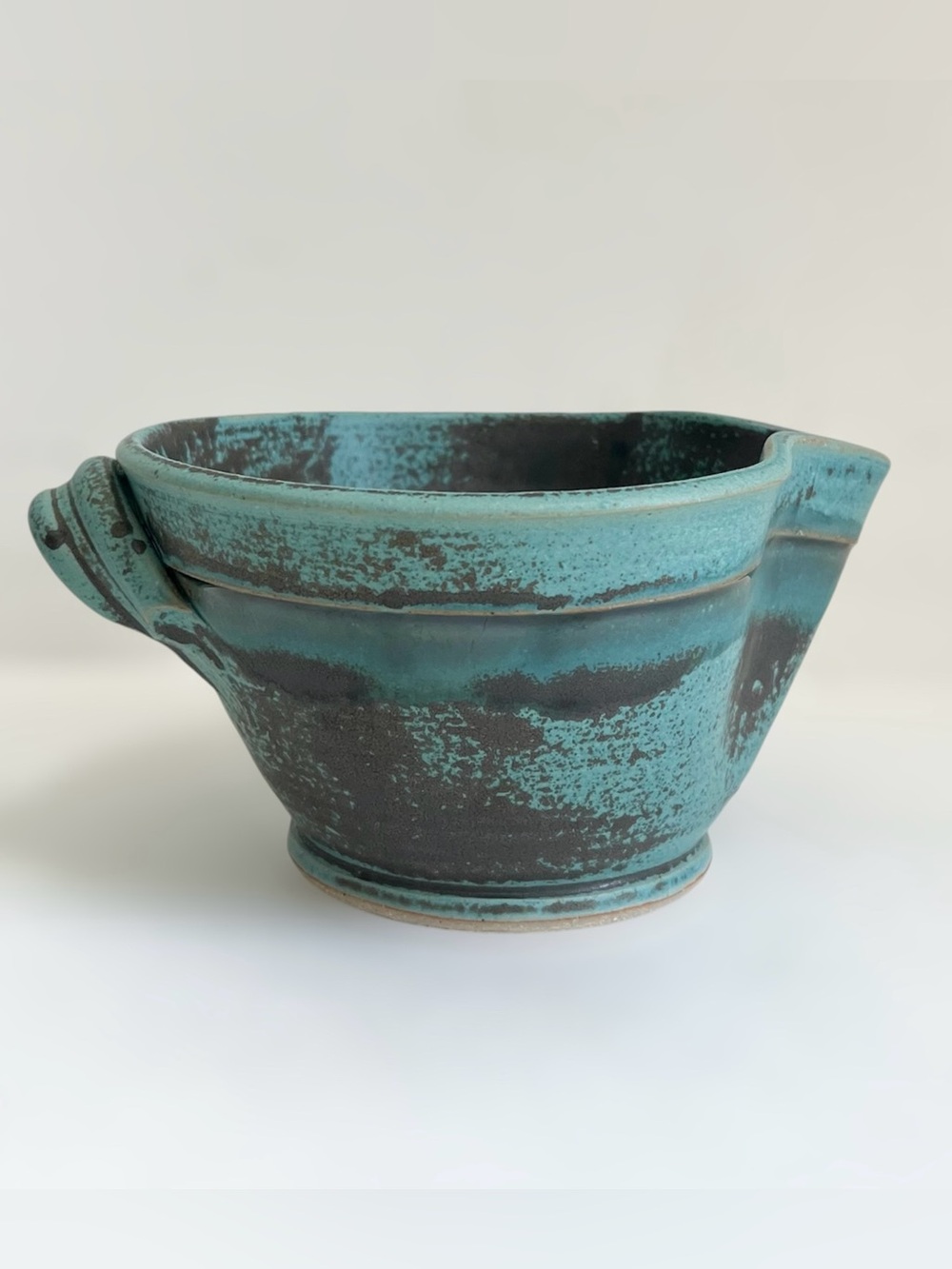 DirtWorks Handmade Teal Stoneware Pottery Mixing Batter Bowl Seagrove NC Signed
